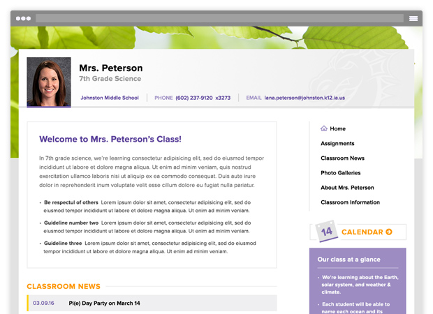 screenshot of teacher website