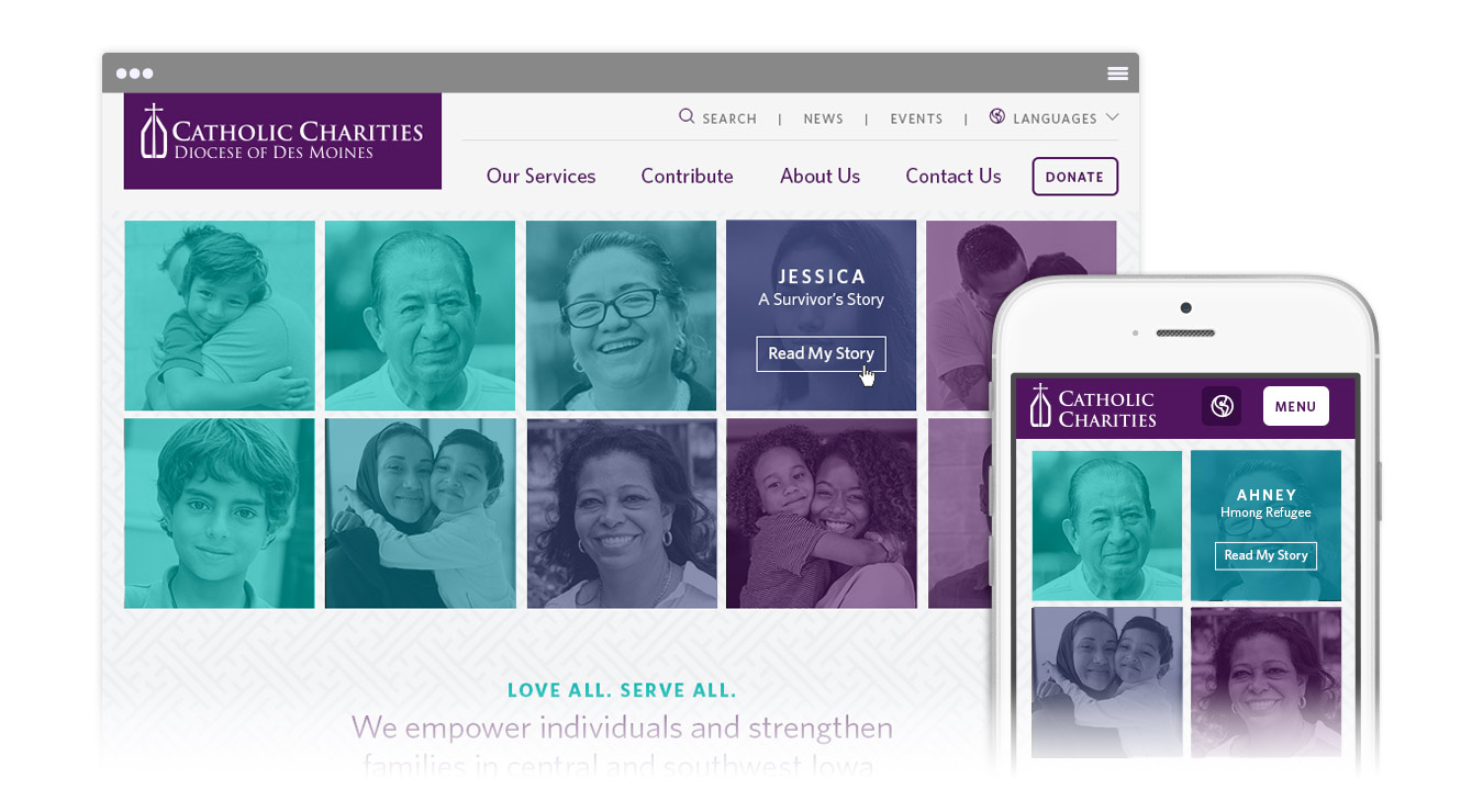 screenshots of Catholic Charities homepage