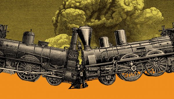 Illustration of two old fashioned trains crashing