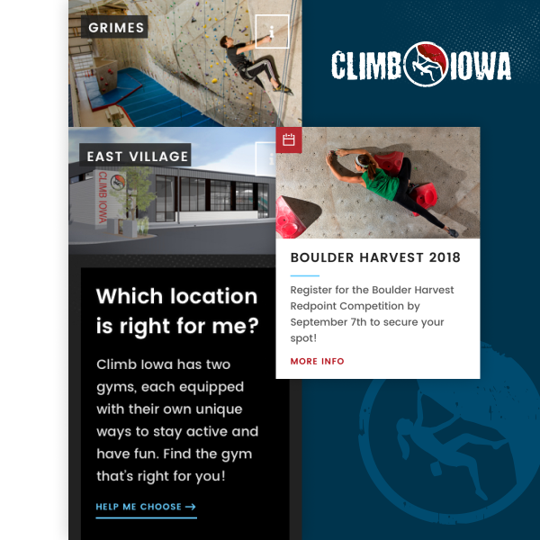 Collage of design elements from Climb Iowa's website